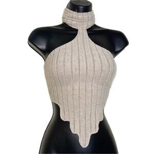 New XS Khaki Gray‎ Beige Sleeveless Turtleneck Ribbed Drip Hem Crop Triangle